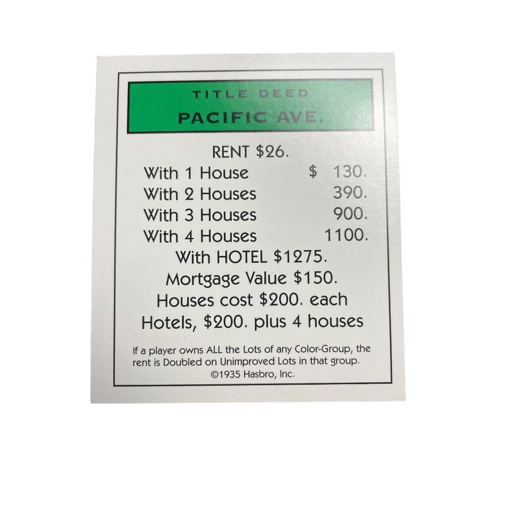 Monopoly Classic Pacific Ave Property Title Deed Card Replacement u